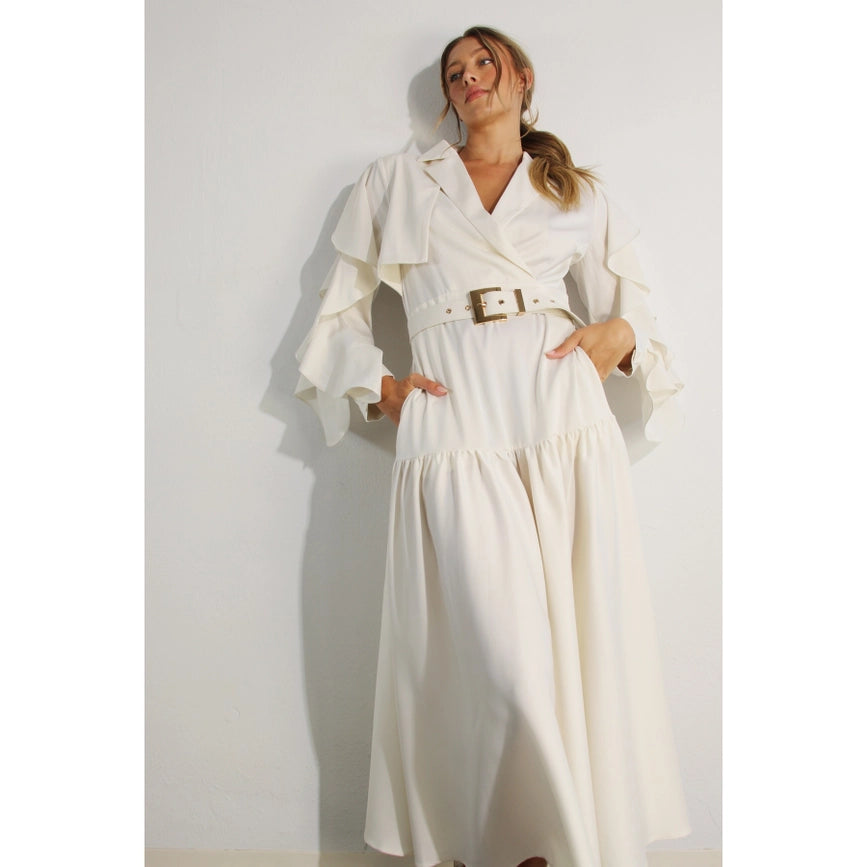 Collared Long Ruffle Sleeve Dress-Dress-Mulla-S-CREAM-Urbanheer