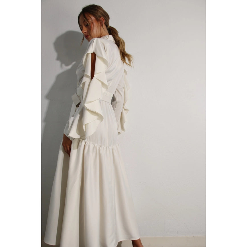 Collared Long Ruffle Sleeve Dress-Dress-Mulla-S-CREAM-Urbanheer