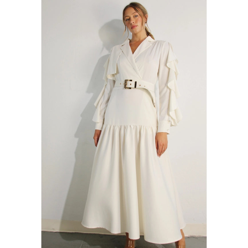 Collared Long Ruffle Sleeve Dress-Dress-Mulla-S-CREAM-Urbanheer
