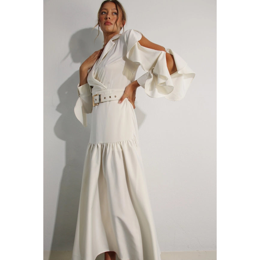Collared Long Ruffle Sleeve Dress-Dress-Mulla-S-CREAM-Urbanheer