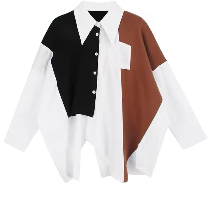 Color Block Asymmetrical Shirt-Shirt-Luxe & Leather by Madonna & Co-Black & Brown-Urbanheer