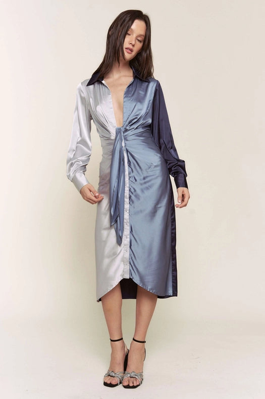 Color Block Button Down Satin Midi Dress BLUE COMBO-Dress-Hers & Mine-S-BLUE COMBO-Urbanheer