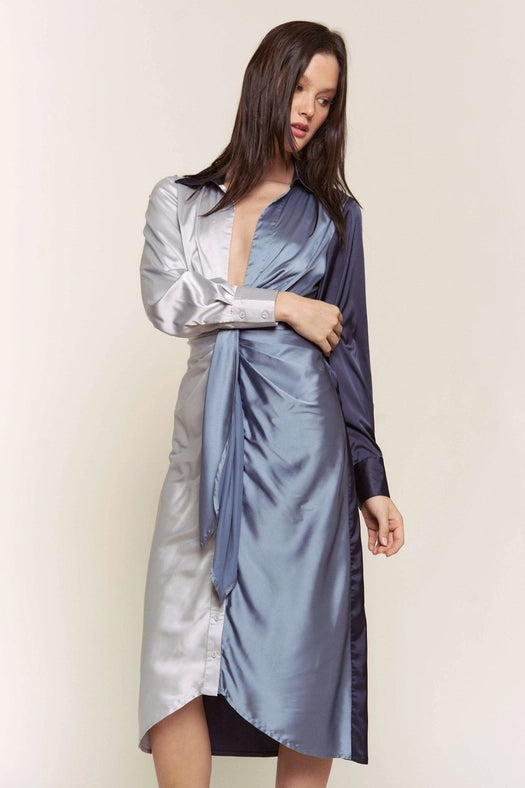 Color Block Button Down Satin Midi Dress BLUE COMBO-Dress-Hers & Mine-S-BLUE COMBO-Urbanheer