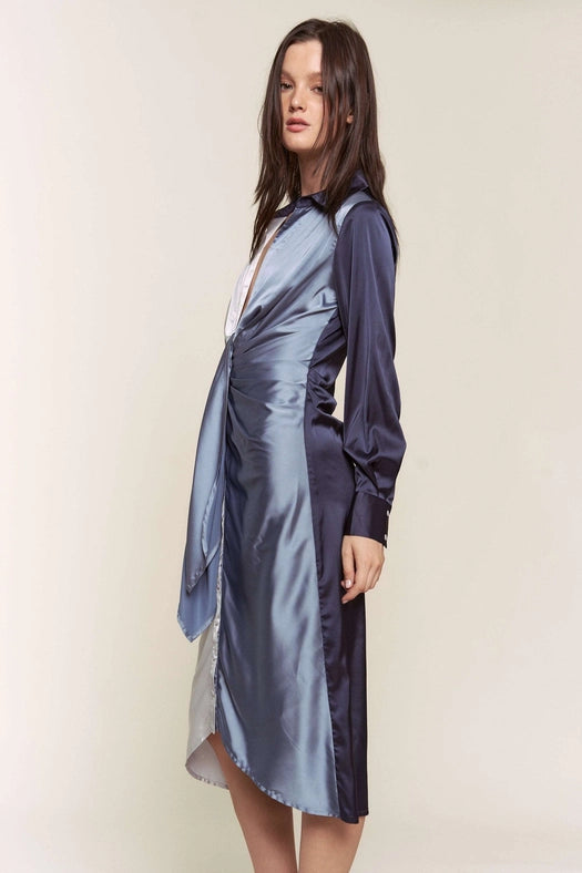 Color Block Button Down Satin Midi Dress BLUE COMBO-Dress-Hers & Mine-S-BLUE COMBO-Urbanheer