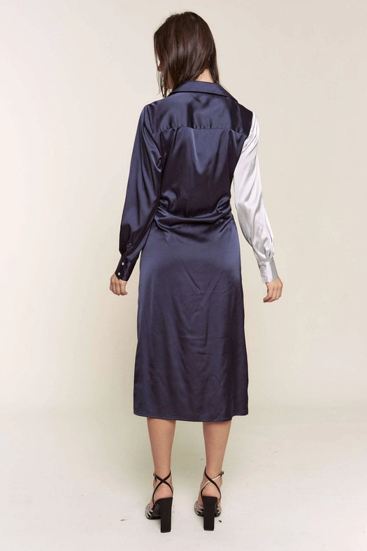 Color Block Button Down Satin Midi Dress BLUE COMBO-Dress-Hers & Mine-S-BLUE COMBO-Urbanheer