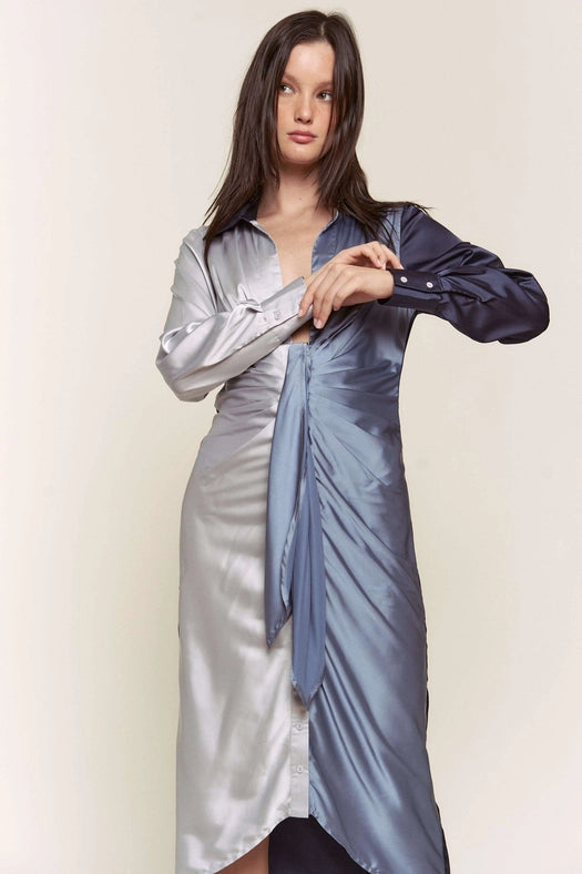 Color Block Button Down Satin Midi Dress BLUE COMBO-Dress-Hers & Mine-S-BLUE COMBO-Urbanheer