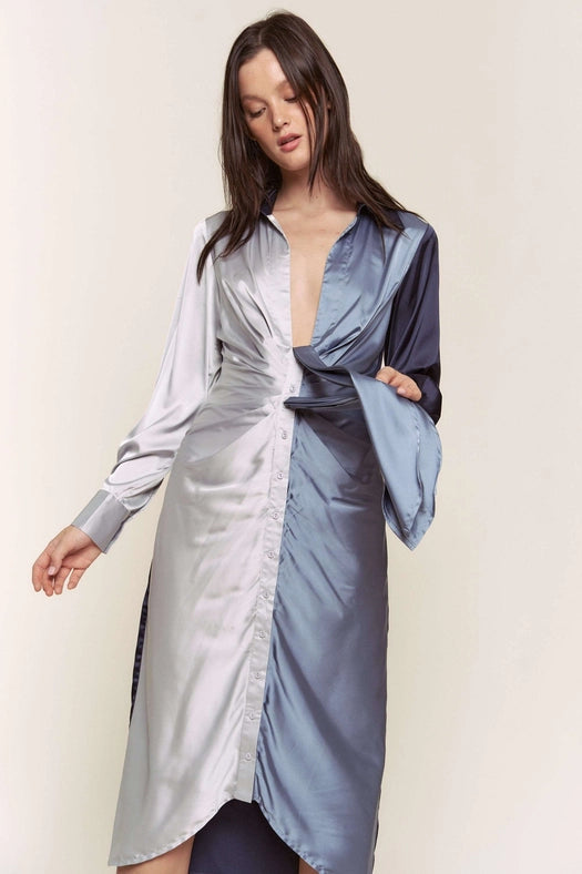 Color Block Button Down Satin Midi Dress BLUE COMBO-Dress-Hers & Mine-S-BLUE COMBO-Urbanheer
