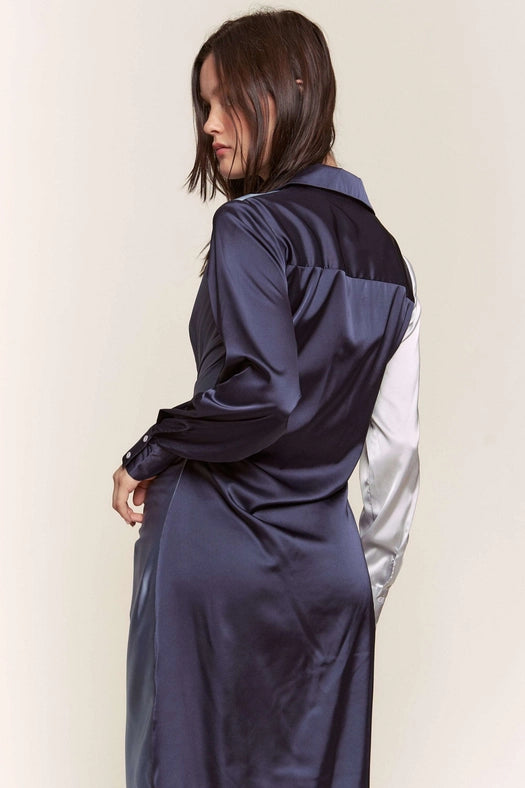 Color Block Button Down Satin Midi Dress BLUE COMBO-Dress-Hers & Mine-S-BLUE COMBO-Urbanheer