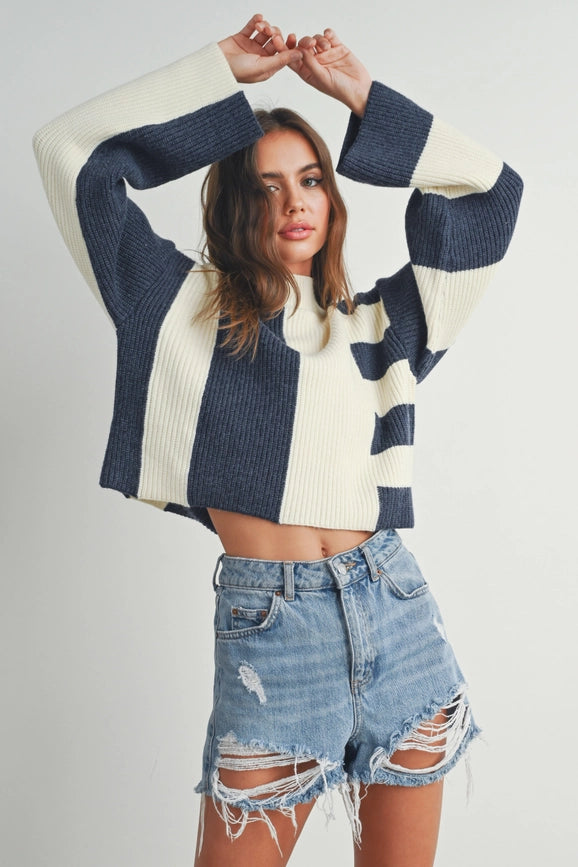 Color Block Mock Turtleneck Sweater NAVY / IVORY-Sweater-BUTTERMELON-S-Urbanheer
