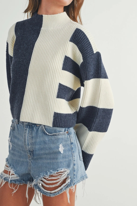 Color Block Mock Turtleneck Sweater NAVY / IVORY-Sweater-BUTTERMELON-S-Urbanheer