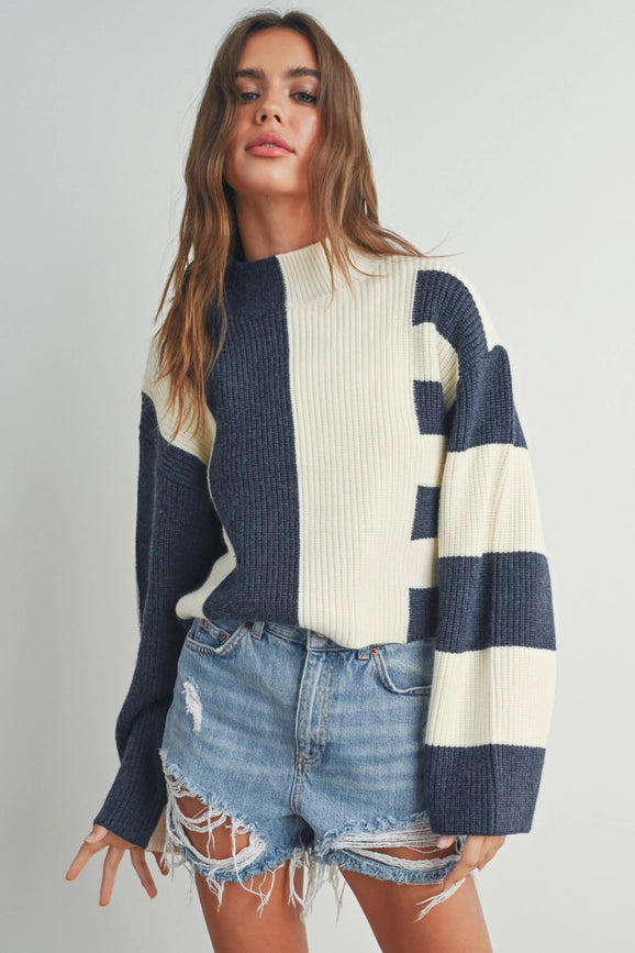 Color Block Mock Turtleneck Sweater NAVY / IVORY-Sweater-BUTTERMELON-S-Urbanheer
