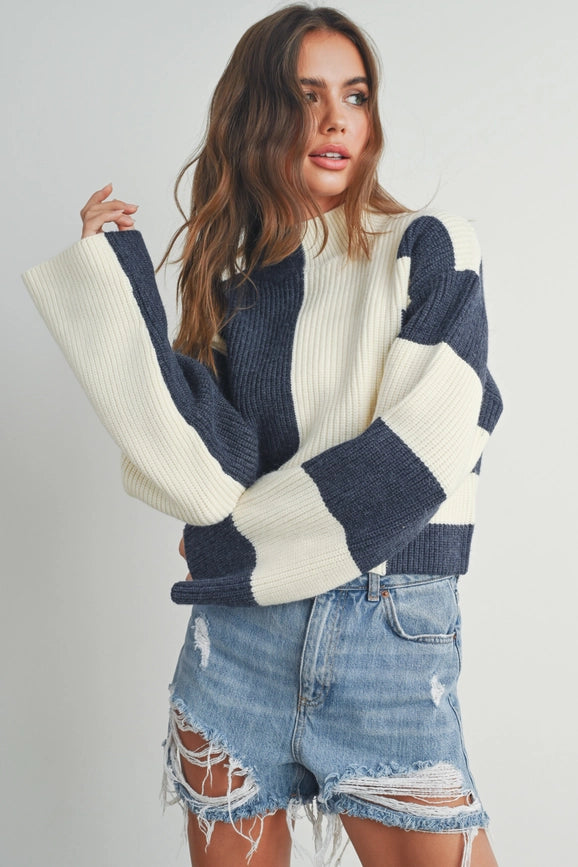 Color Block Mock Turtleneck Sweater NAVY / IVORY-Sweater-BUTTERMELON-S-Urbanheer