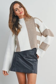 Color Block Mock Turtleneck Sweater TAUPE / IVORY-Sweater-BUTTERMELON-S-Urbanheer