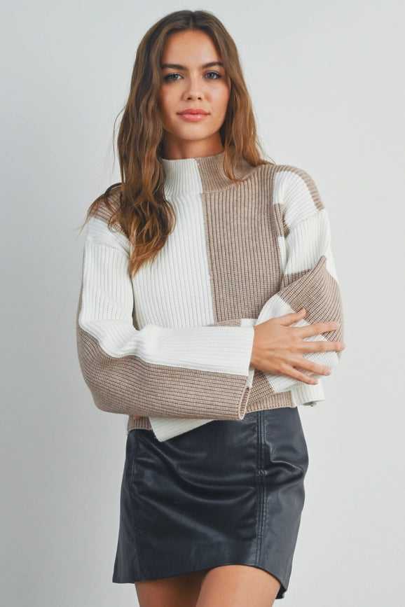 Color Block Mock Turtleneck Sweater TAUPE / IVORY-Sweater-BUTTERMELON-S-Urbanheer