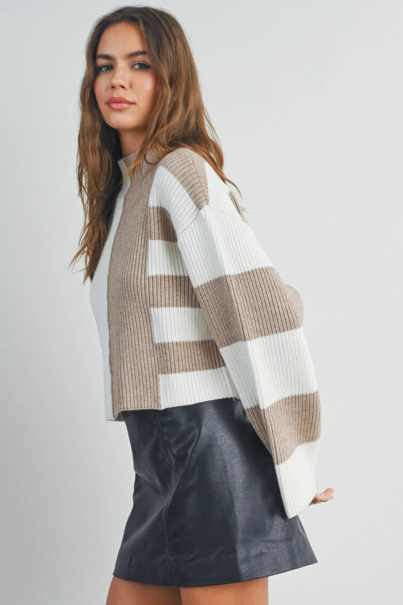 Color Block Mock Turtleneck Sweater TAUPE / IVORY-Sweater-BUTTERMELON-S-Urbanheer