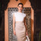 Color Block Padded Shoulder Cutout Midriff Dress-Dress-Fore Collection-S-White/Taupe-Urbanheer