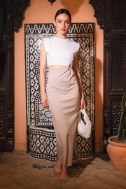 Color Block Padded Shoulder Cutout Midriff Dress-Dress-Fore Collection-S-White/Taupe-Urbanheer