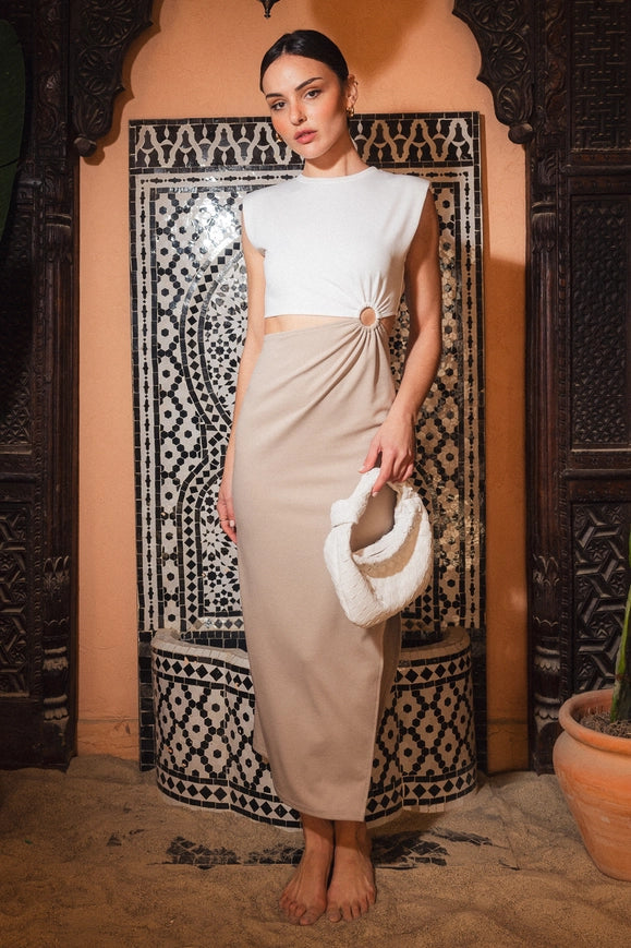 Color Block Padded Shoulder Cutout Midriff Dress-Dress-Fore Collection-S-White/Taupe-Urbanheer