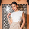 Color Block Padded Shoulder Cutout Midriff Dress-Dress-Fore Collection-S-White/Taupe-Urbanheer