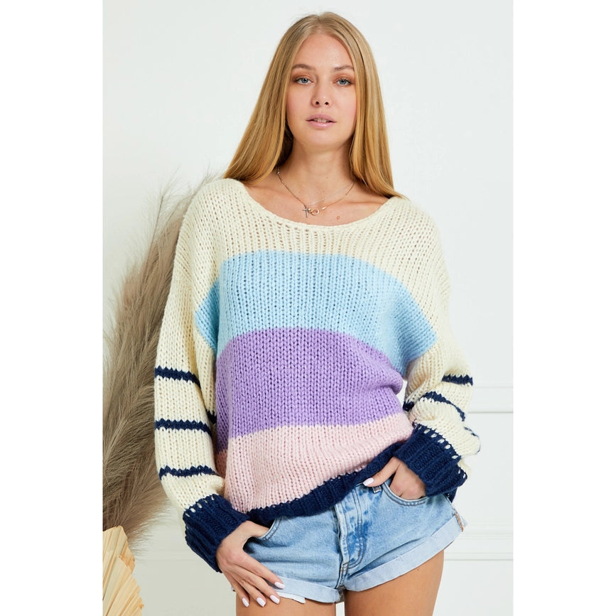 Color Block Striped Drop Shoulder Sweater-Sweater-AZURA-S-IVORY-Urbanheer