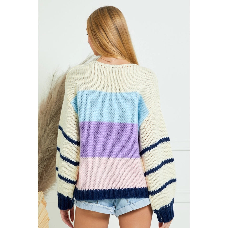 Color Block Striped Drop Shoulder Sweater-Sweater-AZURA-S-IVORY-Urbanheer