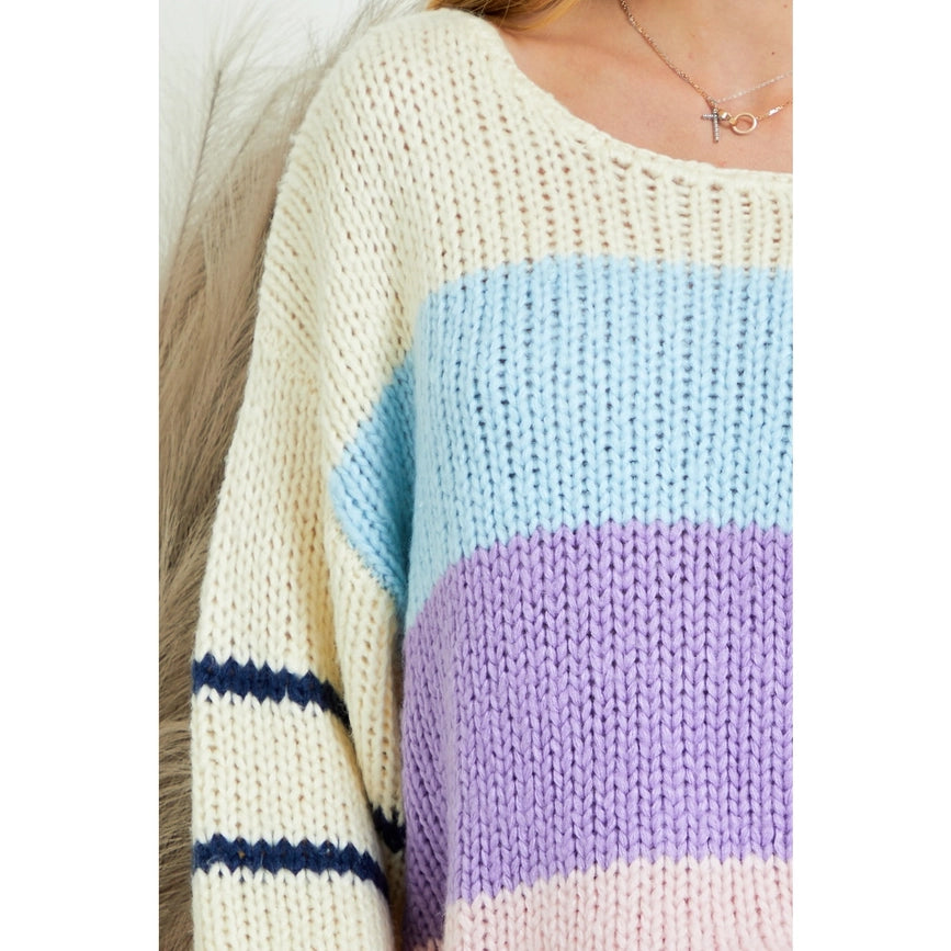 Color Block Striped Drop Shoulder Sweater-Sweater-AZURA-S-IVORY-Urbanheer