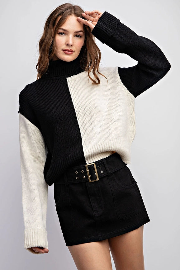 Color Block Turtle Neck Sweater Top-Top-Edit by Nine-S-Black Ivory-Urbanheer