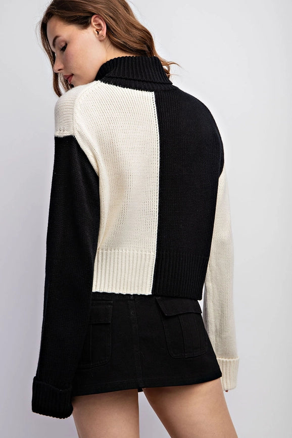 Color Block Turtle Neck Sweater Top-Top-Edit by Nine-S-Black Ivory-Urbanheer