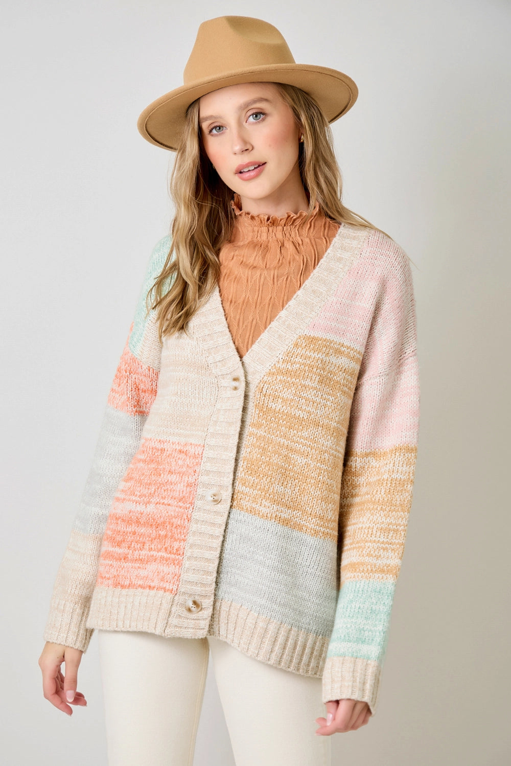 Color Blocked Sweater Cardigan in Oatmeal