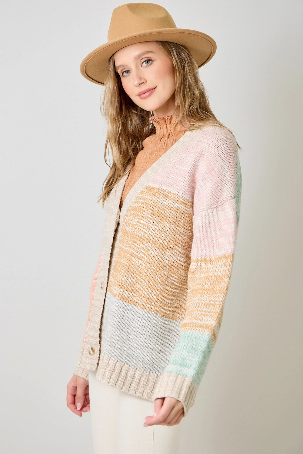 Color Blocked Sweater Cardigan in Oatmeal