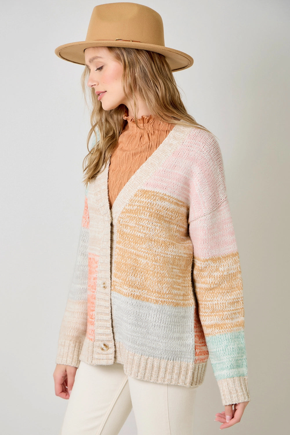 Color Blocked Sweater Cardigan in Oatmeal