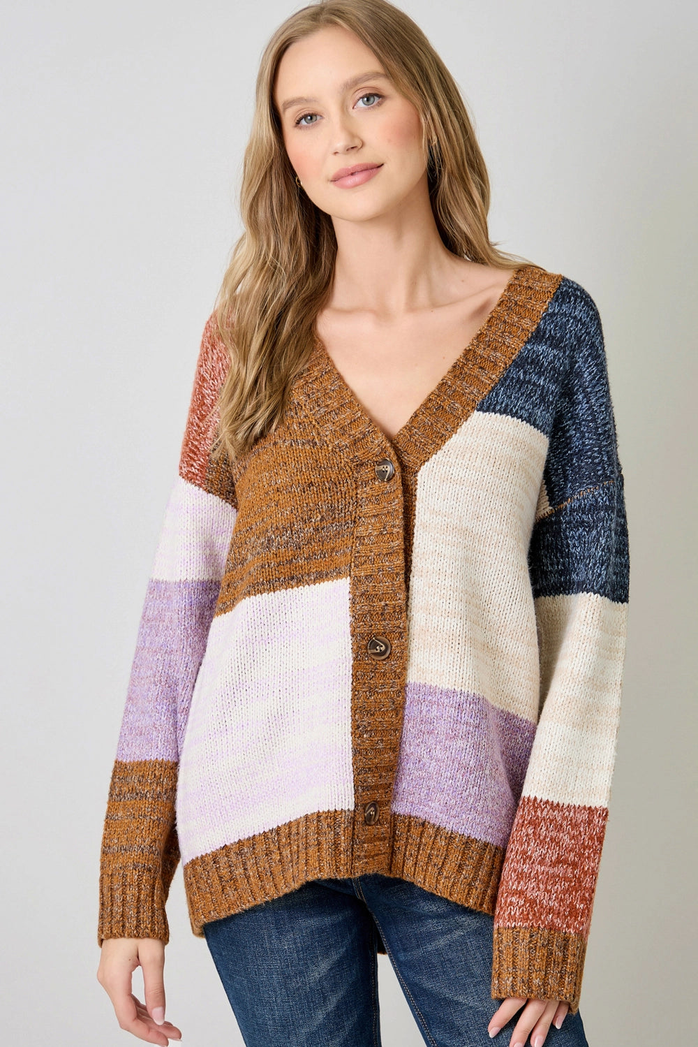 Color Blocked Sweater Cardigan in Toffee Mix