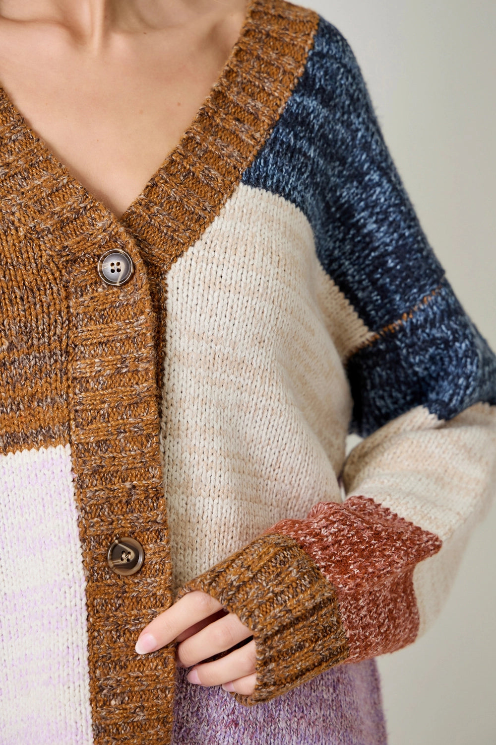Color Blocked Sweater Cardigan in Toffee Mix