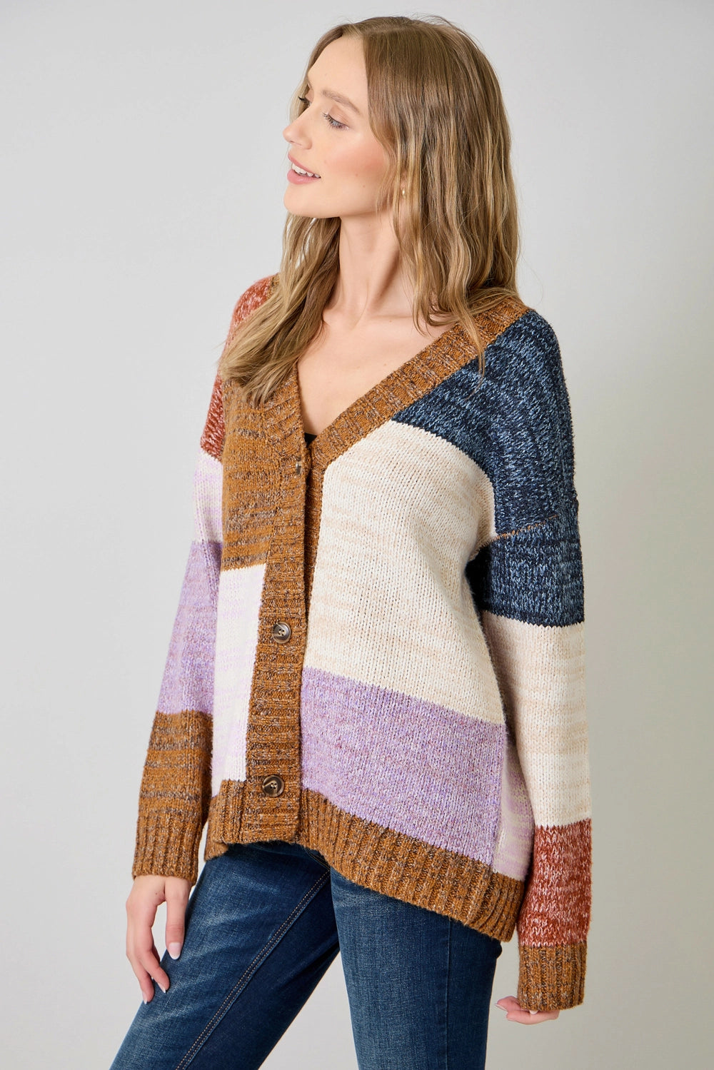 Color Blocked Sweater Cardigan in Toffee Mix