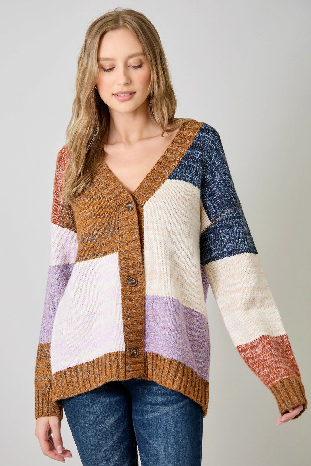 Color Blocked Sweater Cardigan in Toffee Mix
