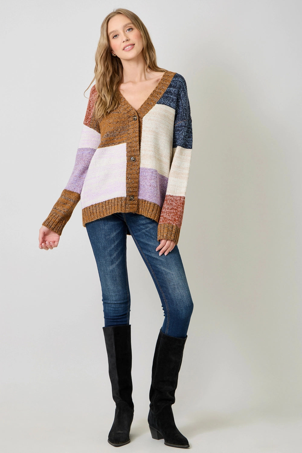 Color Blocked Sweater Cardigan in Toffee Mix