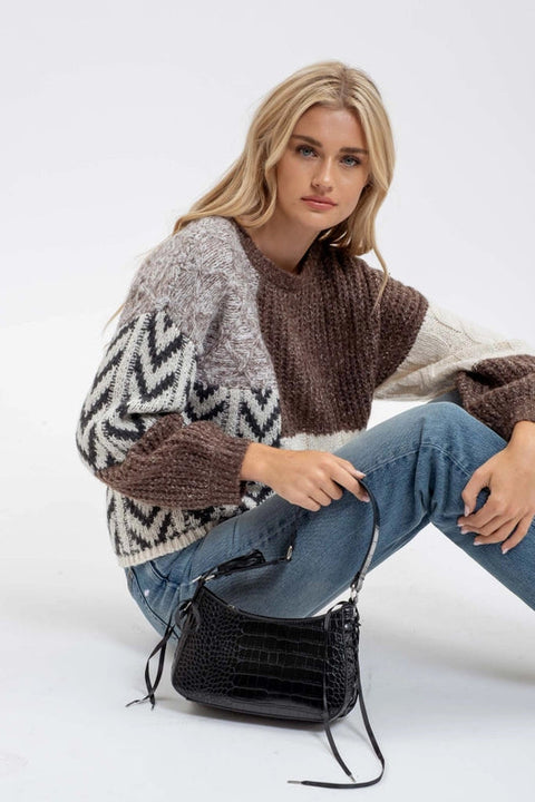 Colorblock Chevron Cable Knit Sweater BROWN MULTI-Sweater-Blu Pepper-S-Urbanheer