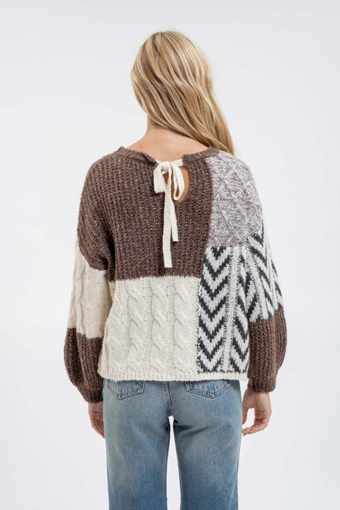 Colorblock Chevron Cable Knit Sweater BROWN MULTI-Sweater-Blu Pepper-S-Urbanheer