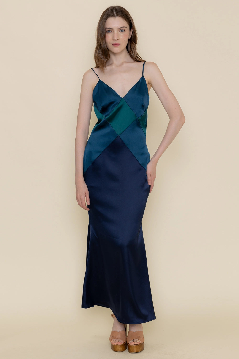 Colorblock Diamond Shape Spg Strap Maxi DRESS in BLUE