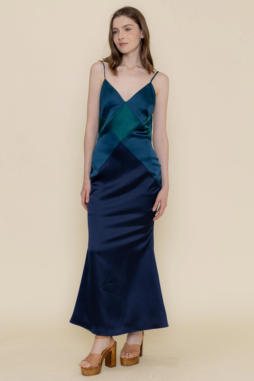 Colorblock Diamond Shape Spg Strap Maxi DRESS in BLUE