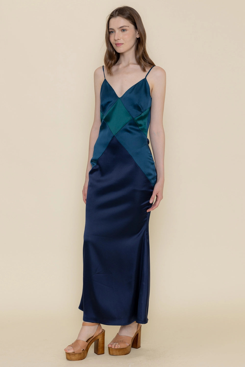 Colorblock Diamond Shape Spg Strap Maxi DRESS in BLUE