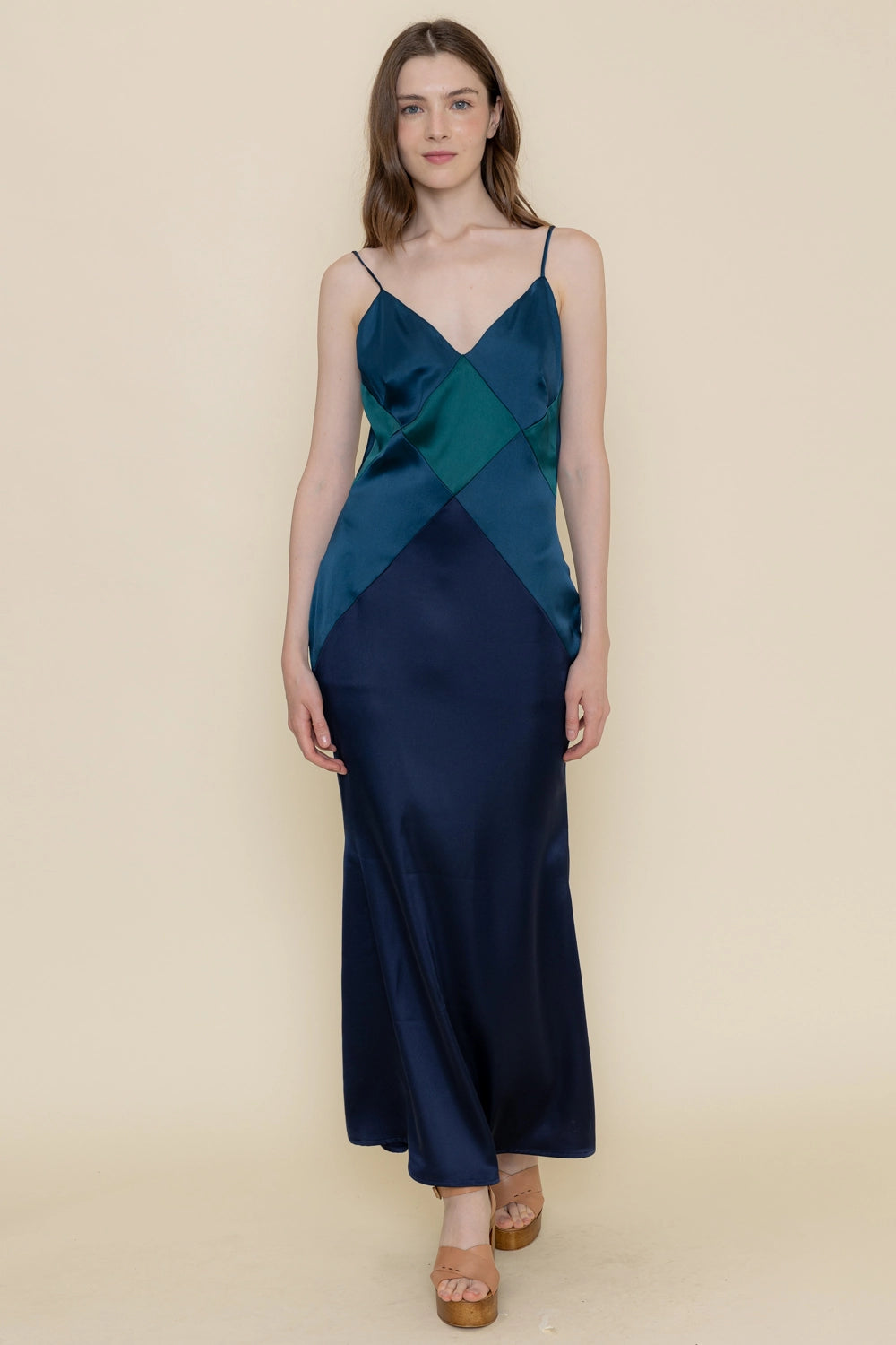 Colorblock Diamond Shape Spg Strap Maxi DRESS in BLUE