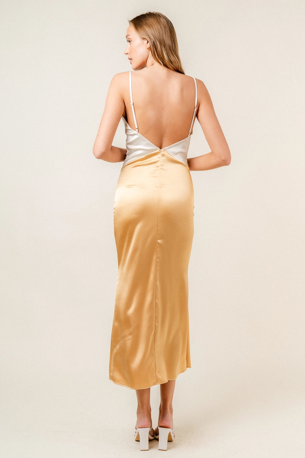 Colorblock Diamond Shape Spg Strap Maxi DRESS in MUSTARD/WHITE