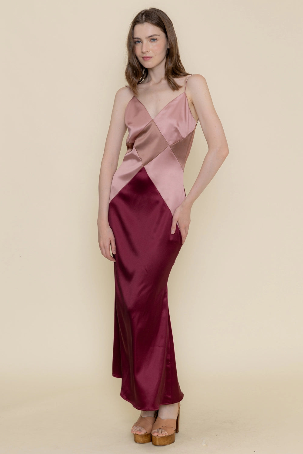 Colorblock Diamond Shape Spg Strap Maxi DRESS in PINK