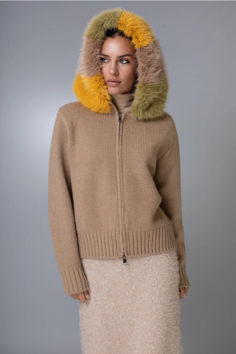 Colorblock Fur-Trim Hooded Cashmere Zip Cardigan