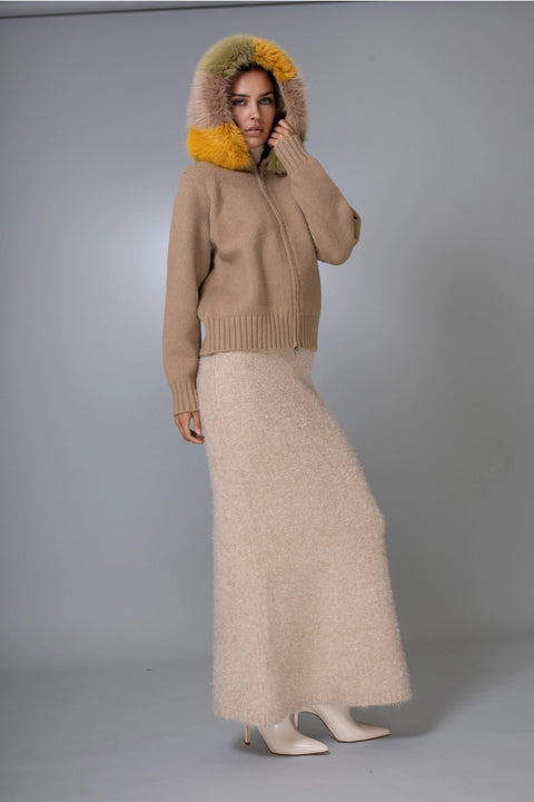 Colorblock Fur-Trim Hooded Cashmere Zip Cardigan