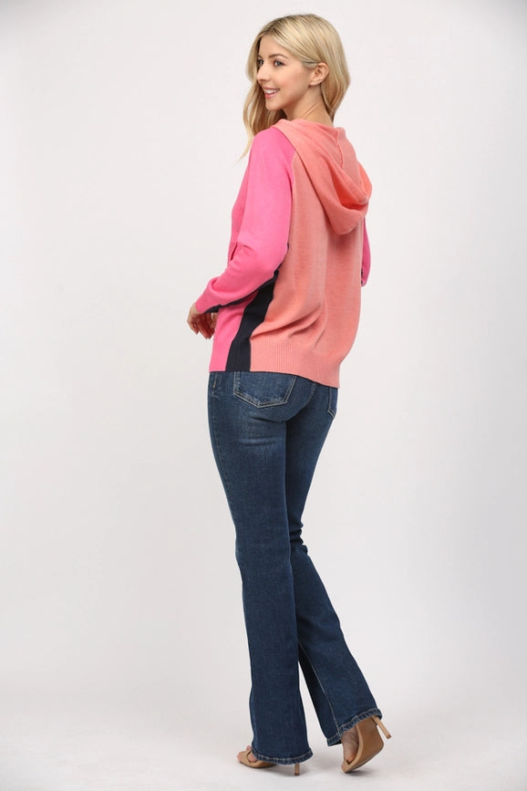 Colorblock Hooded Sweater-Sweater-FATE-S-HOT PINK/TANGERINE-Urbanheer
