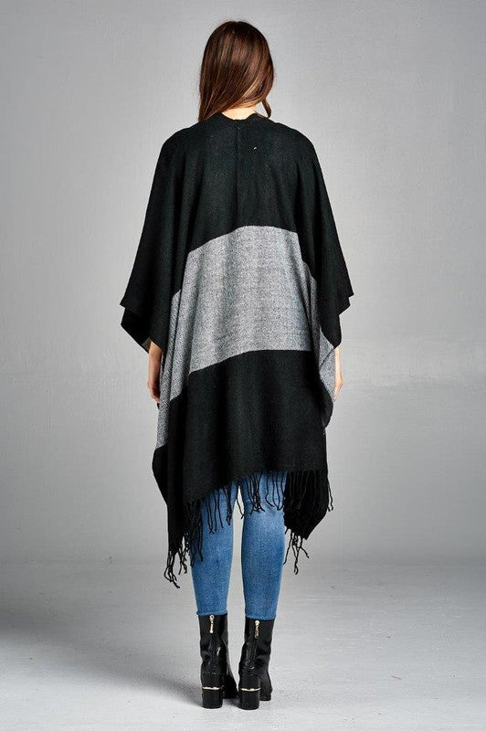 Colorblock Poncho with Fringe Detail-Jacket/Vests-Reneecollection-Small-BLACK-Urbanheer