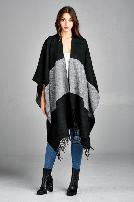 Colorblock Poncho with Fringe Detail-Jacket/Vests-Reneecollection-Small-BLACK-Urbanheer