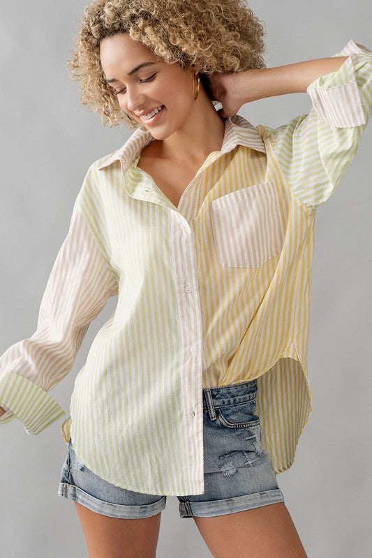 Colorblock Stripe Collar Shirt Yellow Multi-SHIRT-Urban Daizy-S-Urbanheer